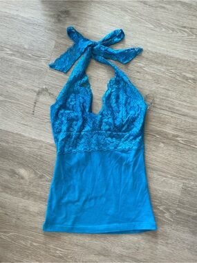 Vintage Y2K Lace Halter Cami Tank Top Blue tie back open back